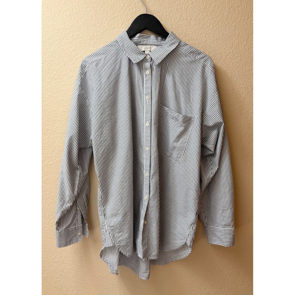 Loft Striped Button Down Shirt Gray White Long Sleeve Cotton Modal Petite Large
